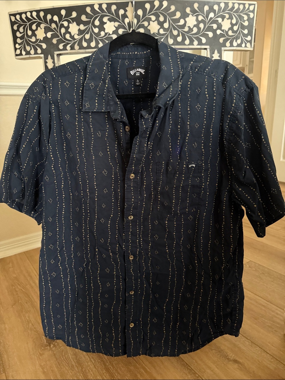 Billabong Navy Short-Sleeve Button Down Shirt with Subtle Dot Stripe